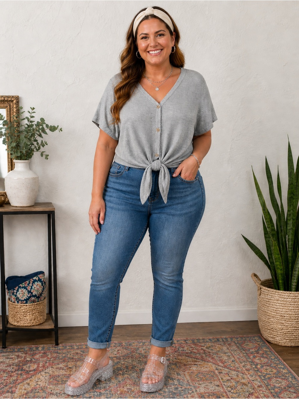 💟 Fantastic Fawn Gray Button Front Top (Size 1X)